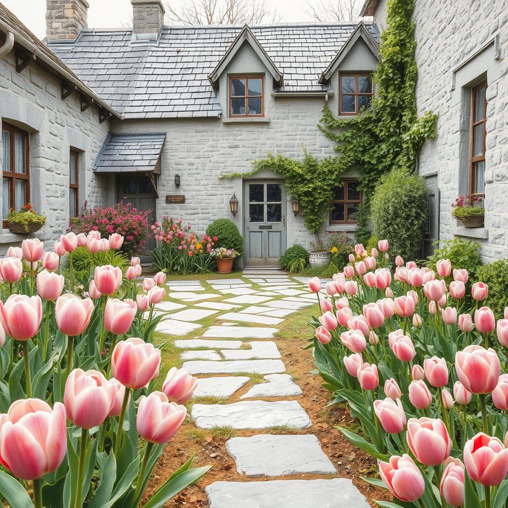 Whimsical Garden Courtyard in Watercolor Style