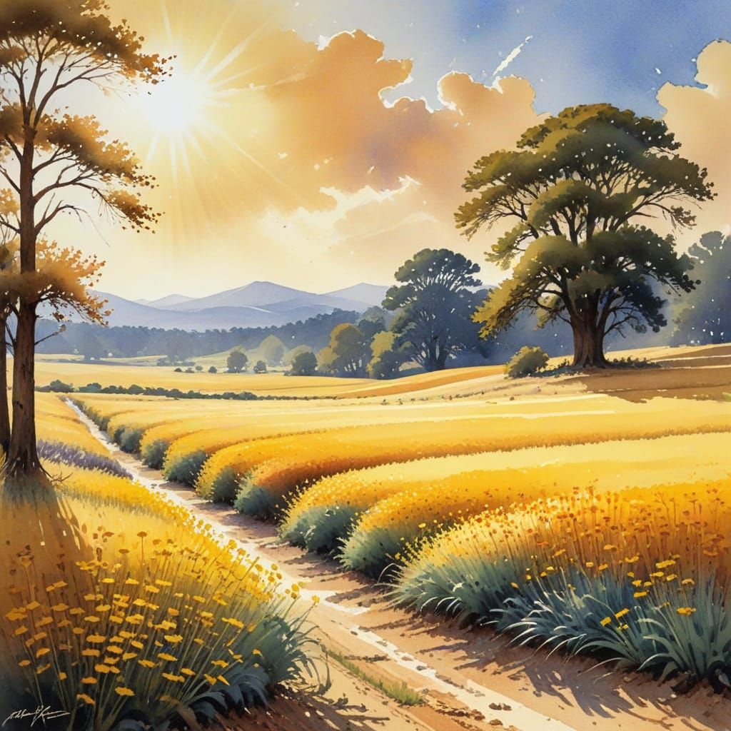 Sunny Watercolor Plains Scene with Vibrant Life