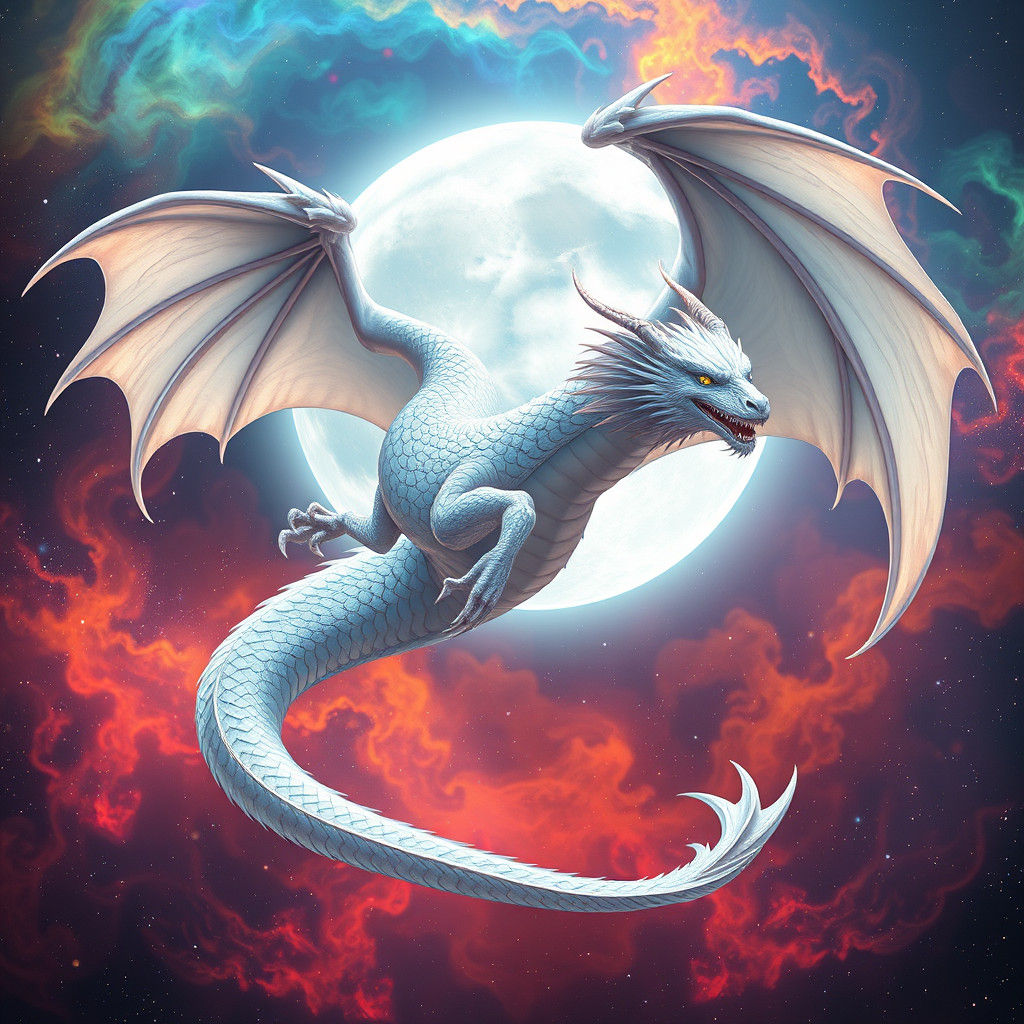 White Dragon Soaring Around the Moon in Fantasy Art