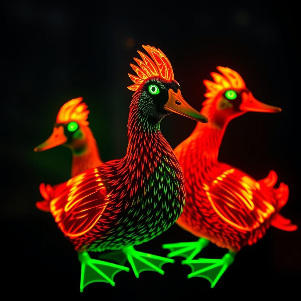 Neon Alebrije Ducks in High Contrast Photography
