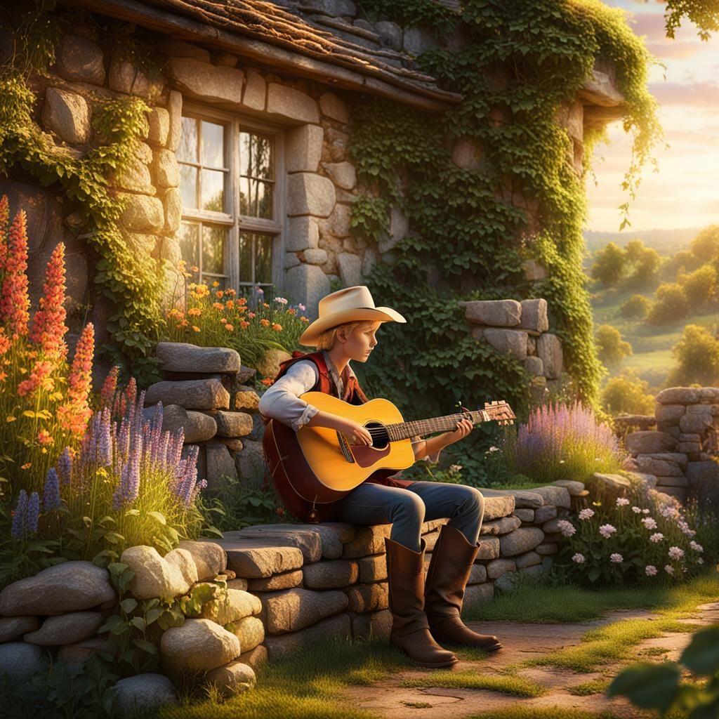 Cowboy's Golden Hour Serenade: Photorealistic Garden Scene