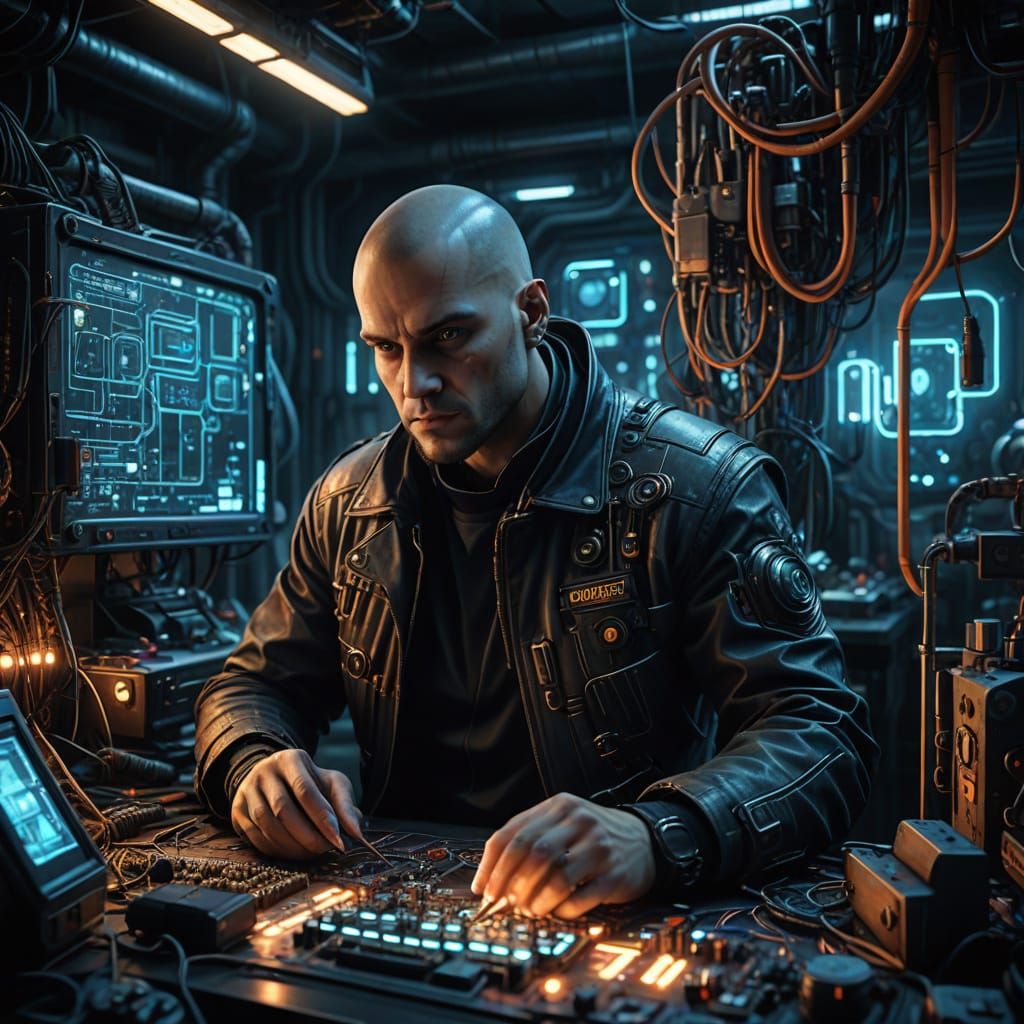 Cyberpunk Industrialist Focuses on High-Tech Invention