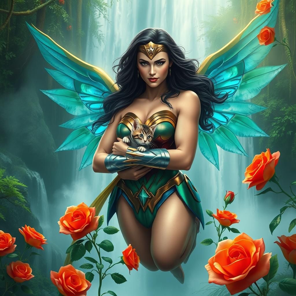 Wonder Woman with Kitten, Golden Wings, Fantasy Art