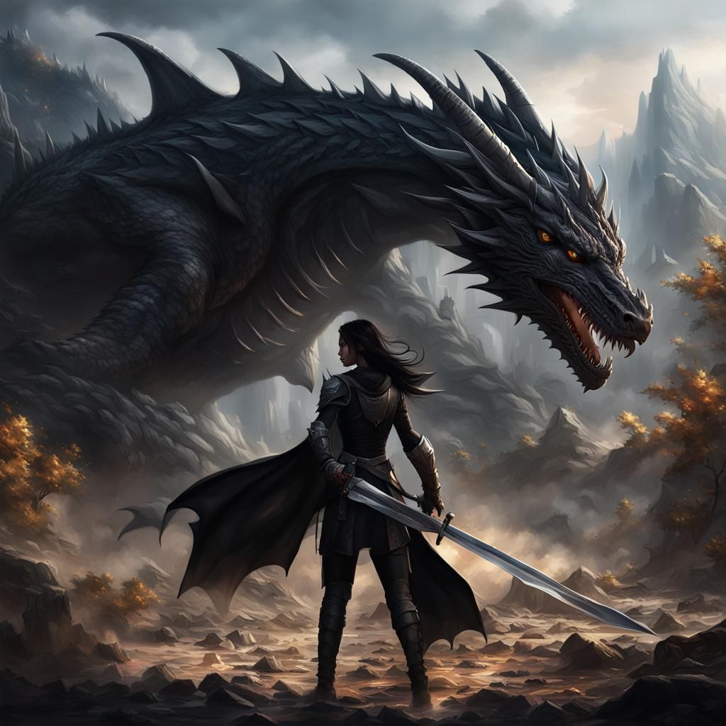 Warrior Girl with Dragon Silhouette, Fantasy Art