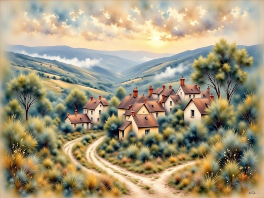 Impressionistic Village in Valley at Dawn