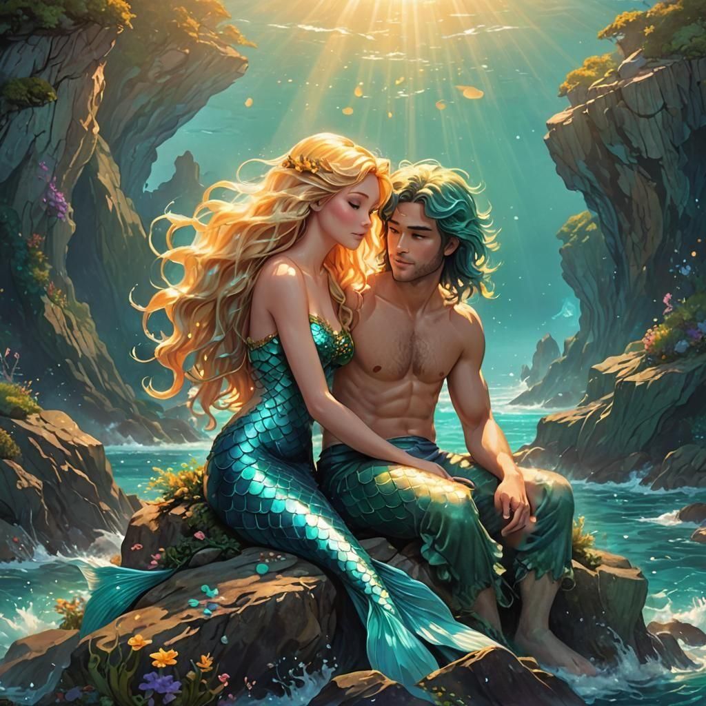Mermaid and Merman on Ocean Rock