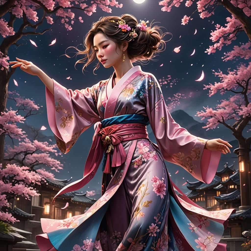 Woman in Kimono Dancing in Moonlight