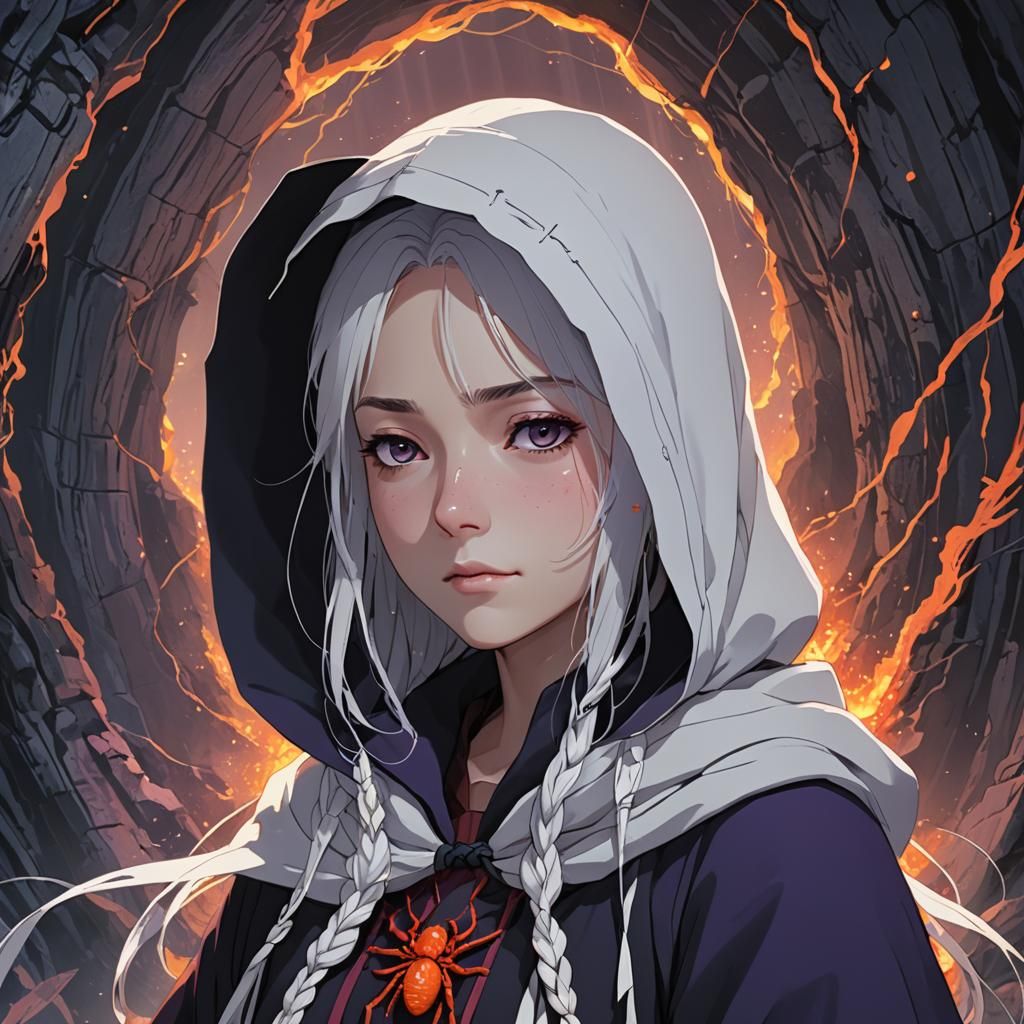 Anime Woman with Spider in Magma Cave
