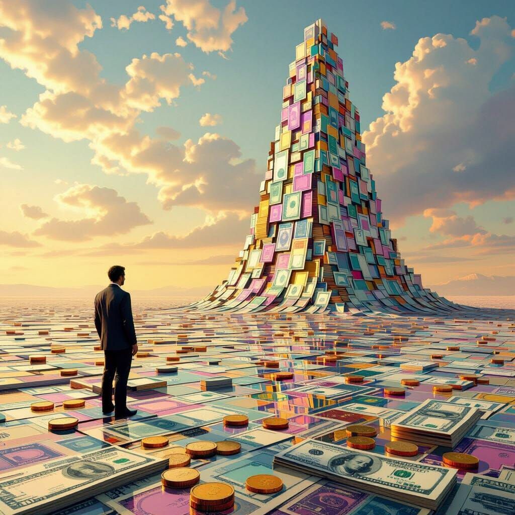 Man on Currency Plain with Bill Structure - Visionary Art