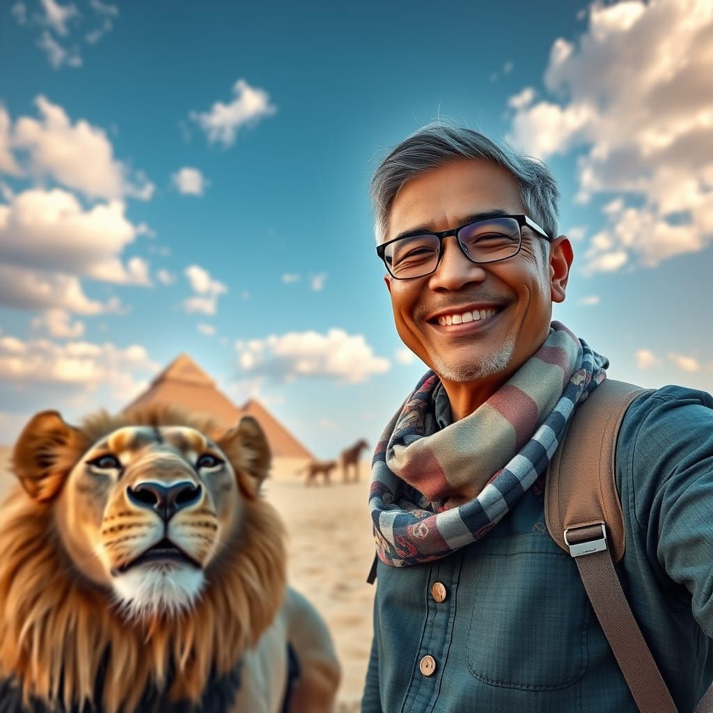 Lively Indonesian Traveler Smiles with Friendly Lion in Dese...