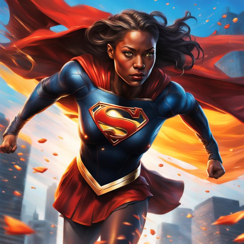 Hyperrealistic Black Supergirl Splash Art Portrait