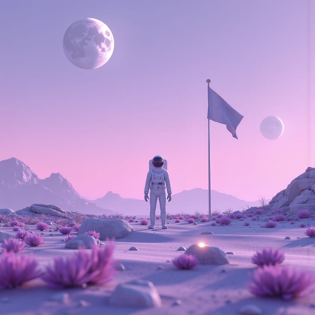 Astronaut Plants Flag on Alien World with Two Moons