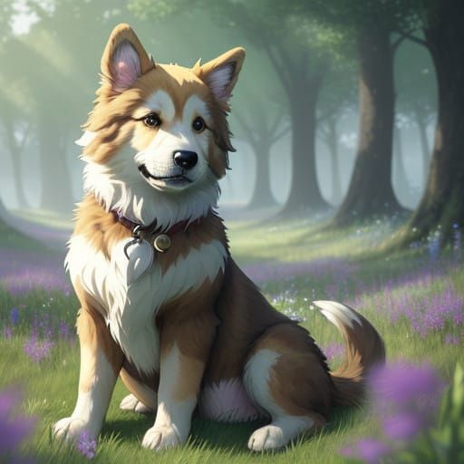 Whimsical Puppy in Enchanting Meadow Landscape