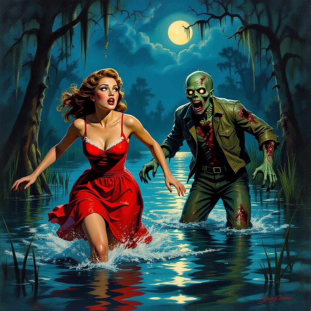 Cajun Woman's Flight: Zombie Horror in Ominous Swamp