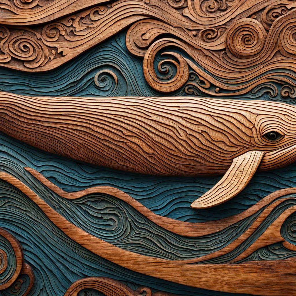 Rustic Wood Carving of a Whale in Folk Art Style
