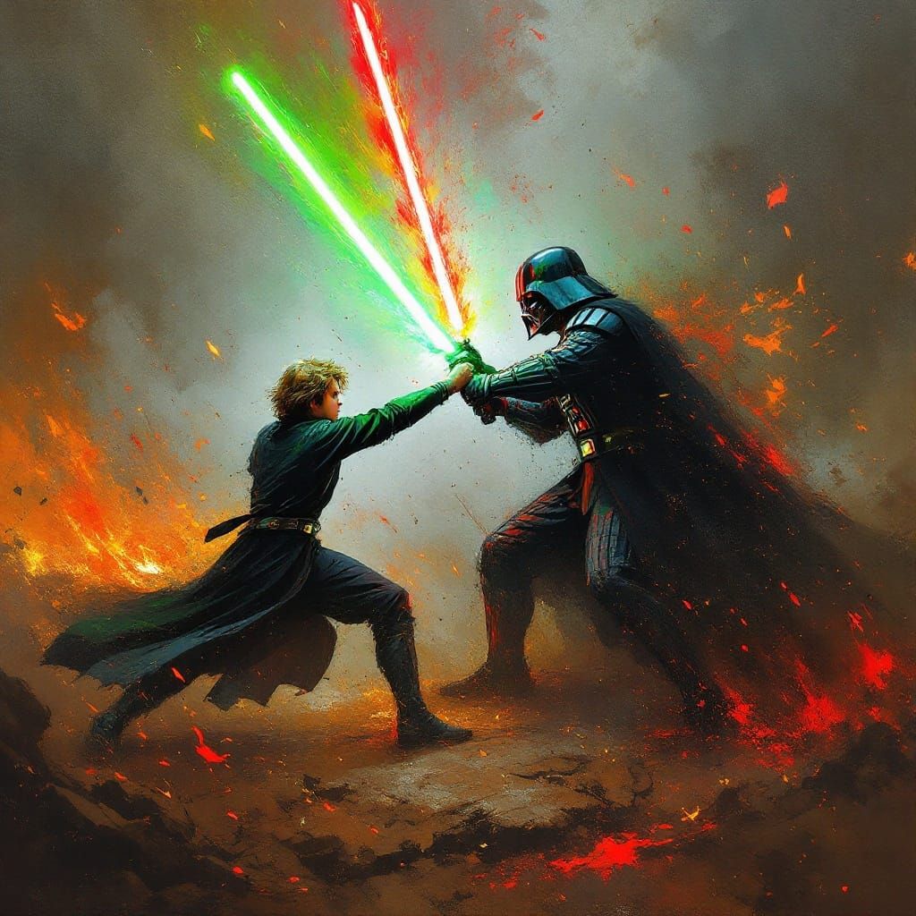 Gritty Renaissance-Style Painting of Epic Jedi Duel