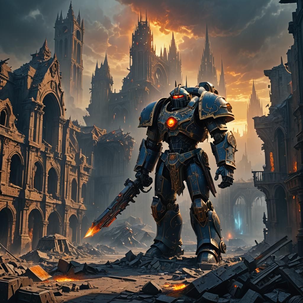 Chaos Knight Dreadnought in Ruined City