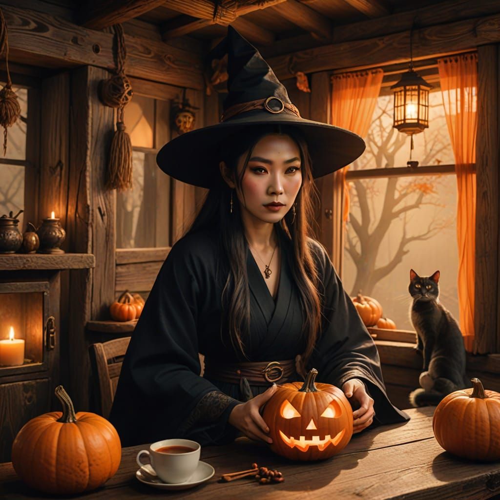 Asian Witch Enchants in Cozy Dark Fantasy Cabin