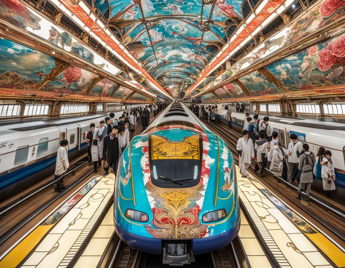 steampunk Shinkansen with colourful yakuza tattoo livery tra...