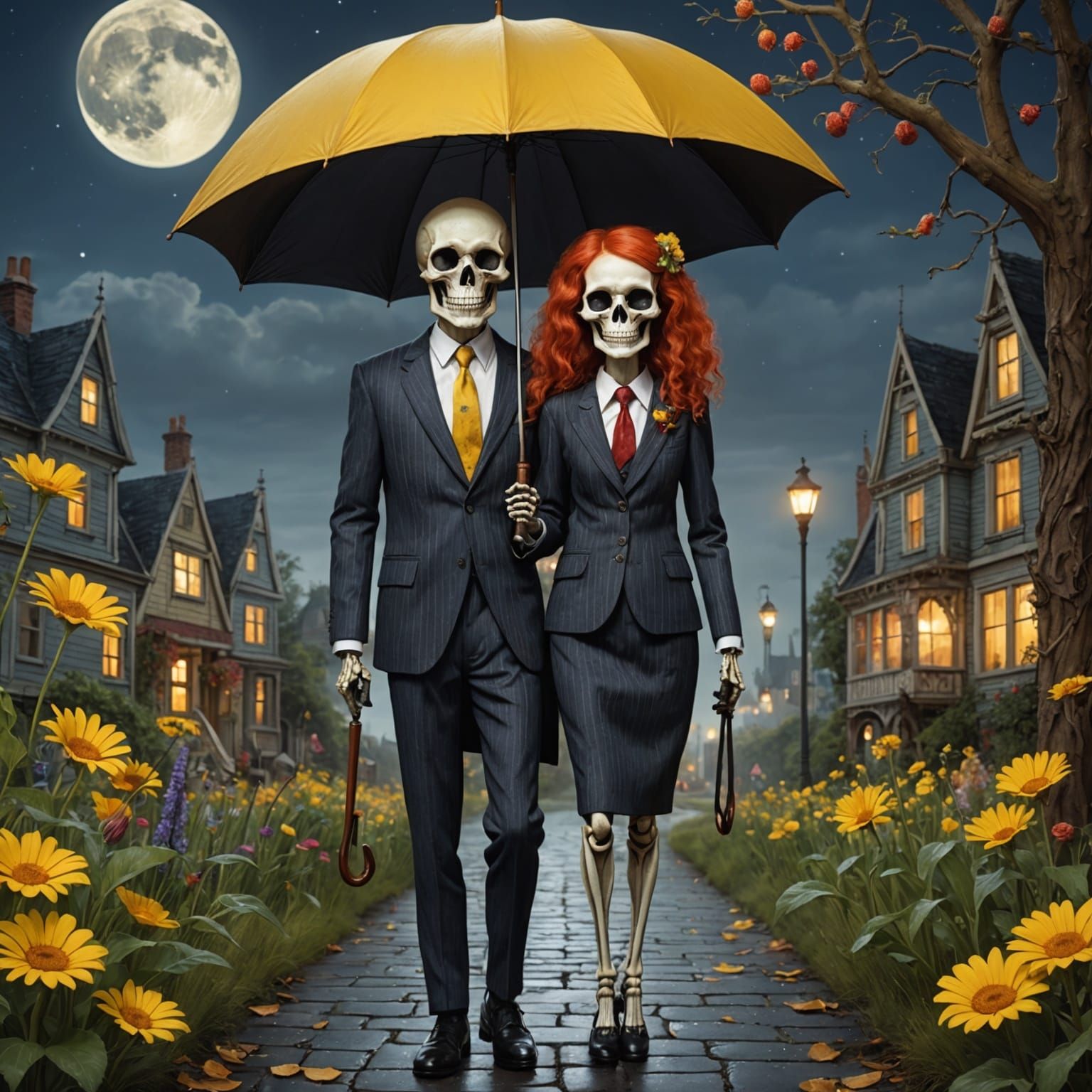 Whimsical World: Skeletons Under the Oversized Moon