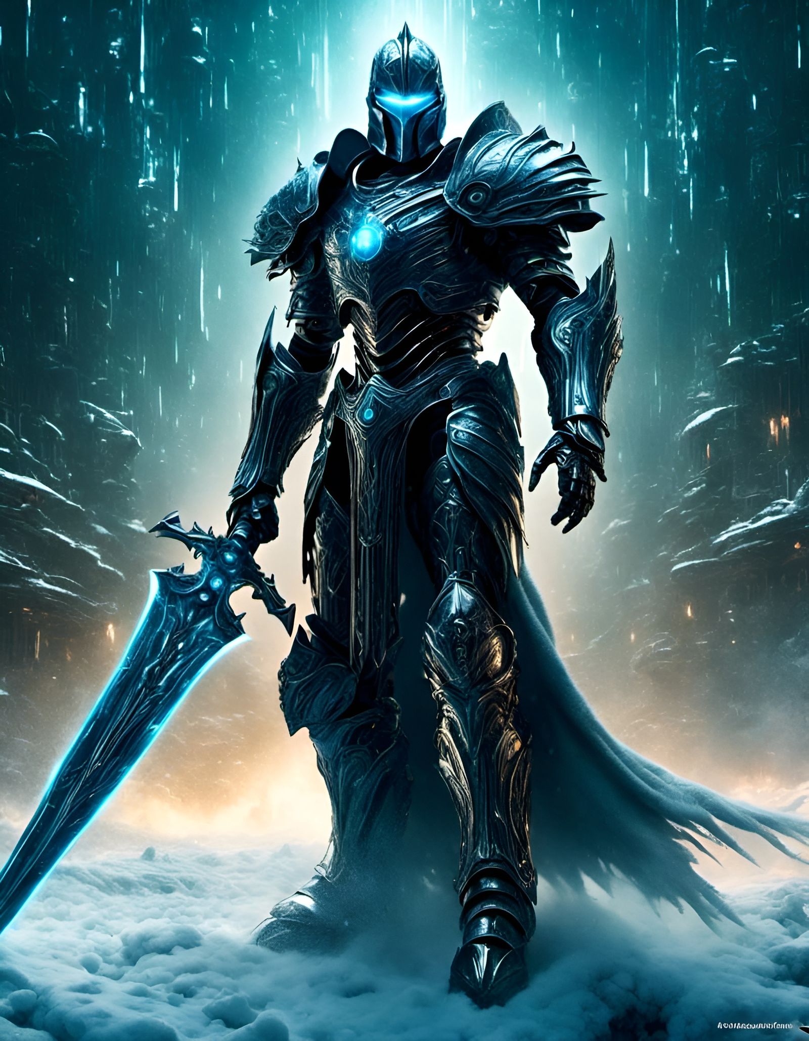 Futuristic Cyber Knight with Icy Cursed Blade