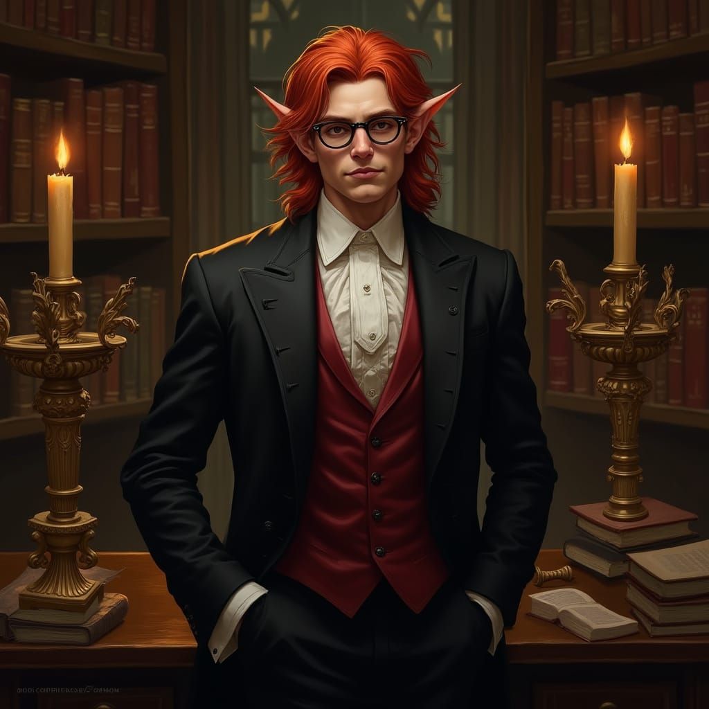 Elegant Tiefling Butler in Victorian Study