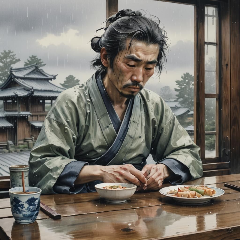 Sad Samurai Eating Spring Roll in Watercolor Style