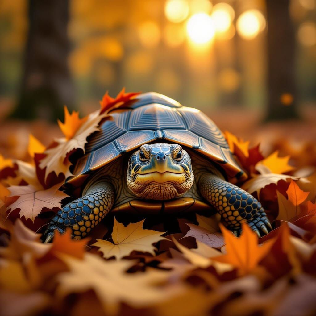 Wise Old Turtle Camouflaged in Autumn Leaves