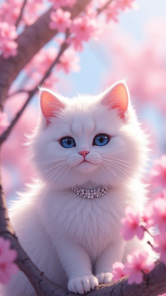 White Cat in Cherry Blossom Tree, Hyperrealistic Style