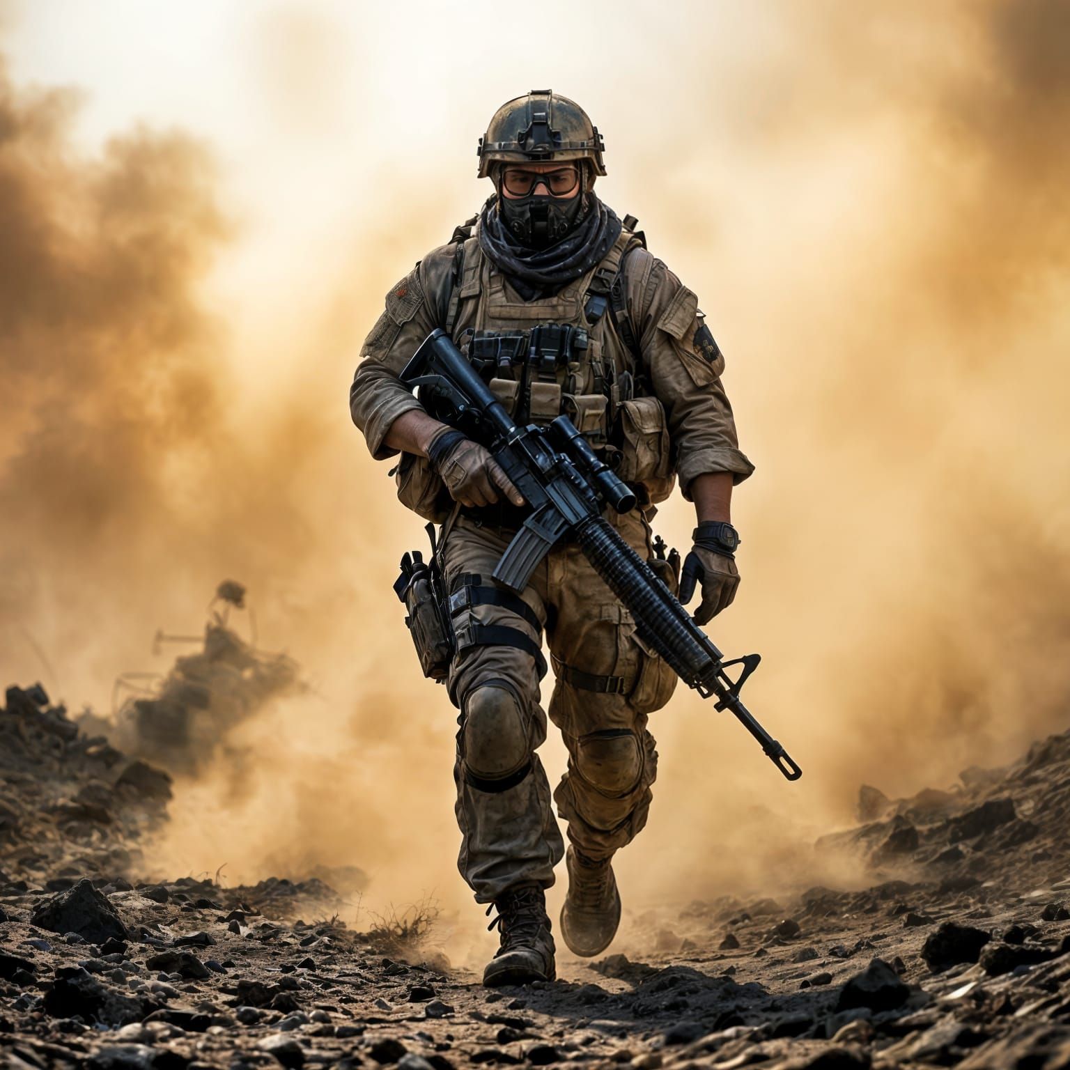 Marine Raider Walks Through Battlefield Smoke