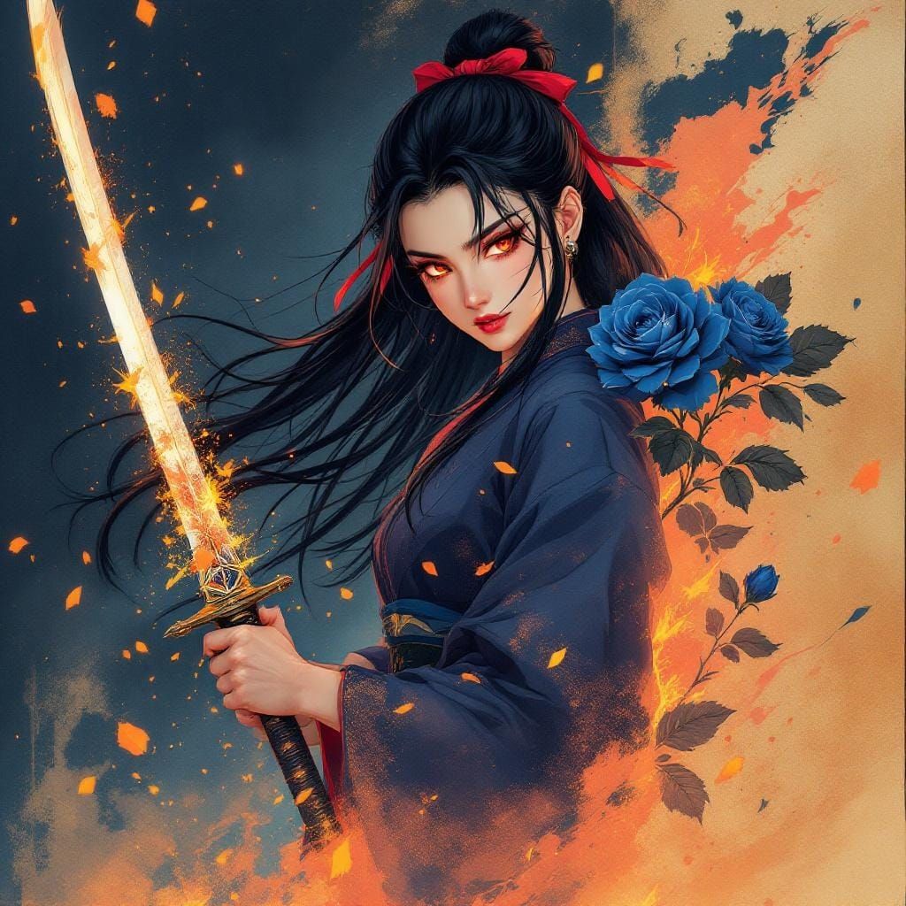 Anime Warrior with Katana and Blue Roses