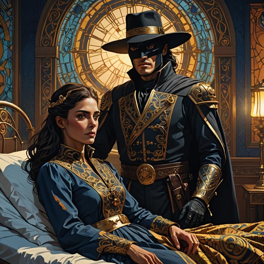 Zorro Woman Visits Suffering Man: Art Nouveau Portrait
