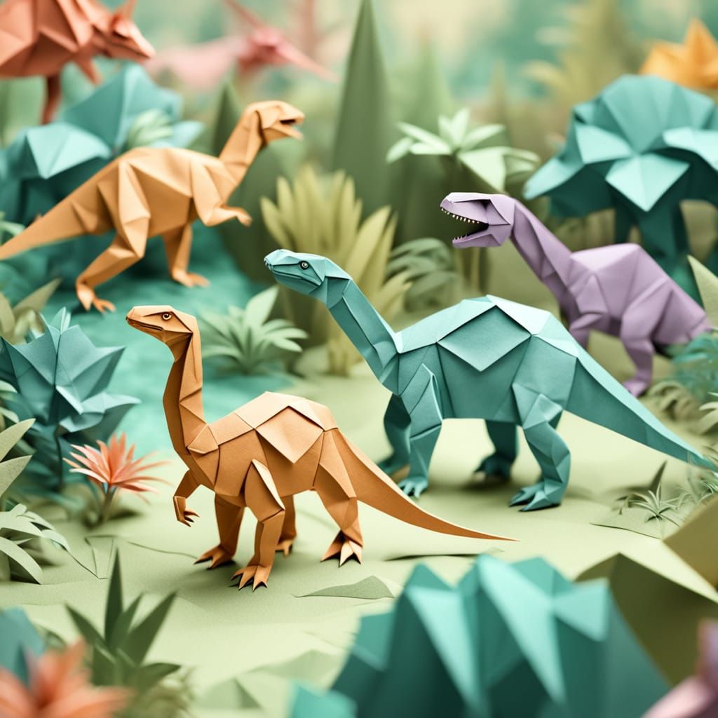 Dinosaurs and Fauna in Origami Papercraft Style
