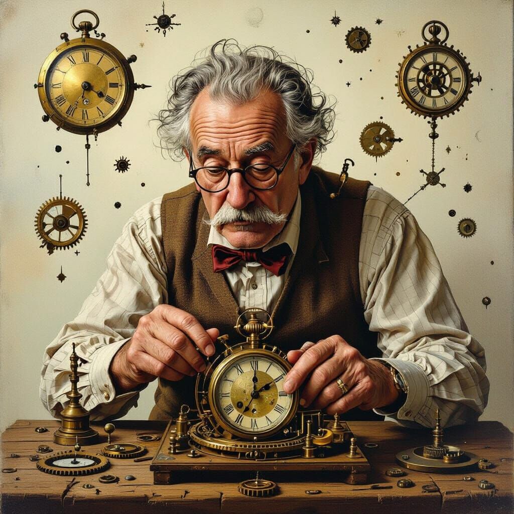 Elderly Man Rewinding Time Among Clockwork