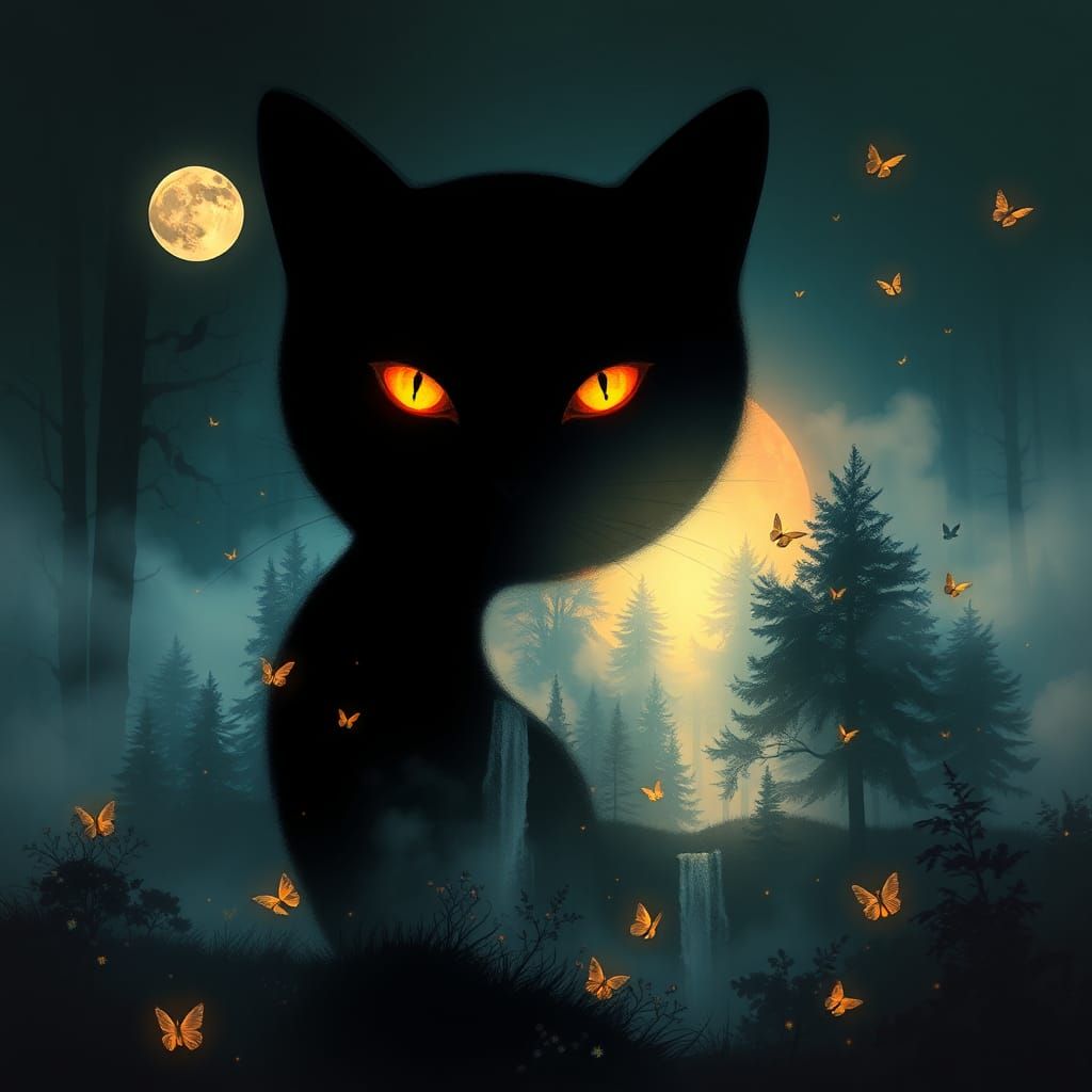 Mystical Cat Silhouette with Forest Landscape