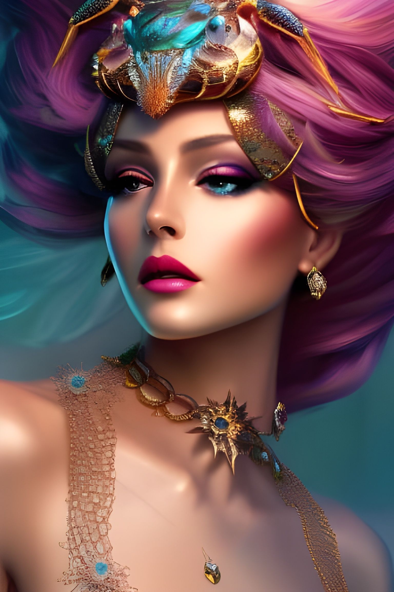 Clockpunk Crab Queen Portrait in Surreal Style