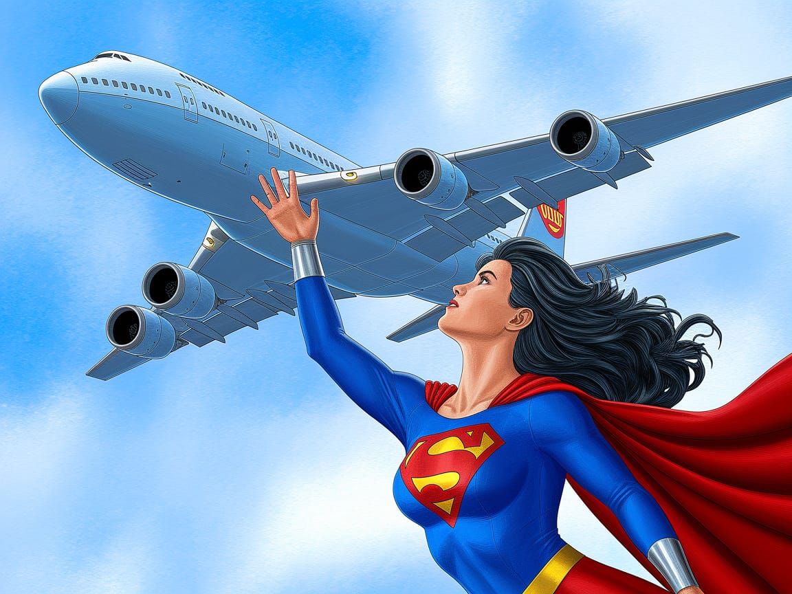 Lois Lane as Superwoman catching a falling Boeing 747.