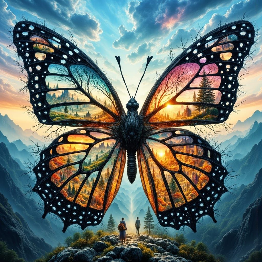 Butterfly's Double Exposure Wings in Surreal Fantasy Landsca...