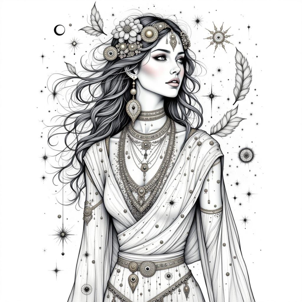 Ethereal Goddess with Intricate Black Linework
