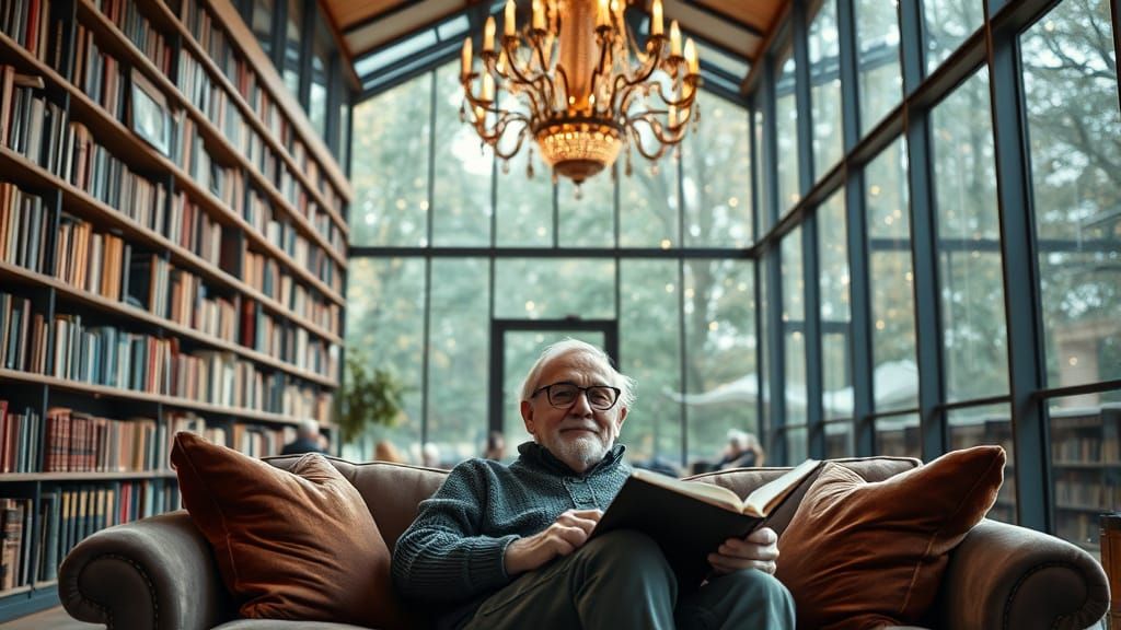 Serene Old Man Reading in Cozy Library