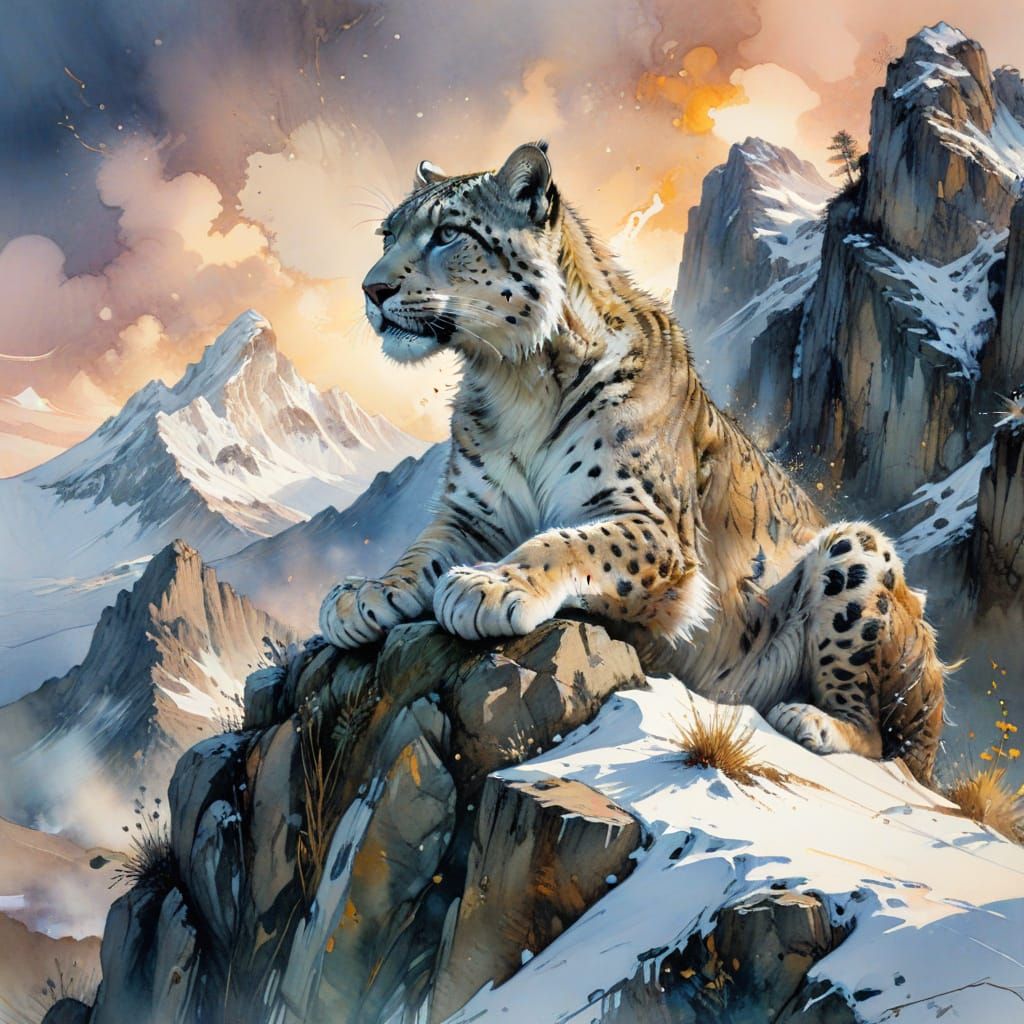 Ethereal Mountain Temple at Dawn, Snow Leopard Reigns