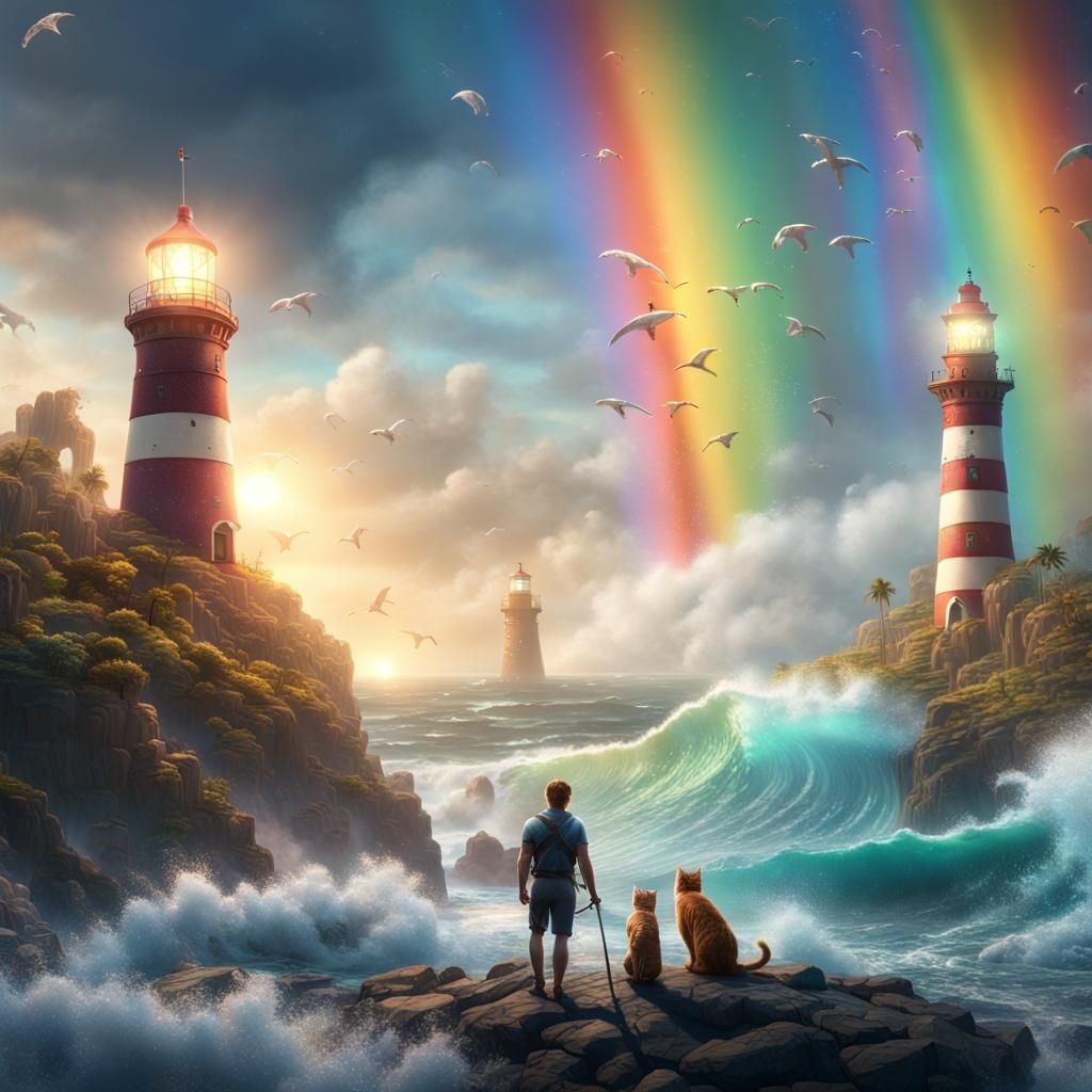 Sparkling Rainbow Ocean Lighthouse Scene with Cats