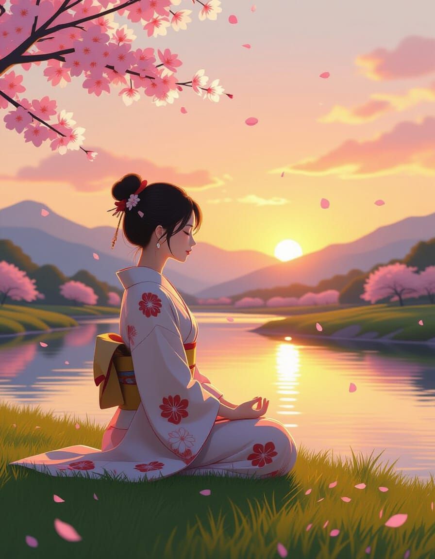 Japanese Woman Meditating by Stream at Sunset