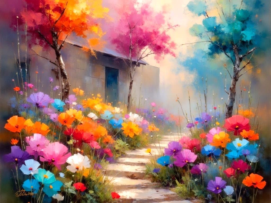 Colorful Mists on Forest Path as Oil Painting