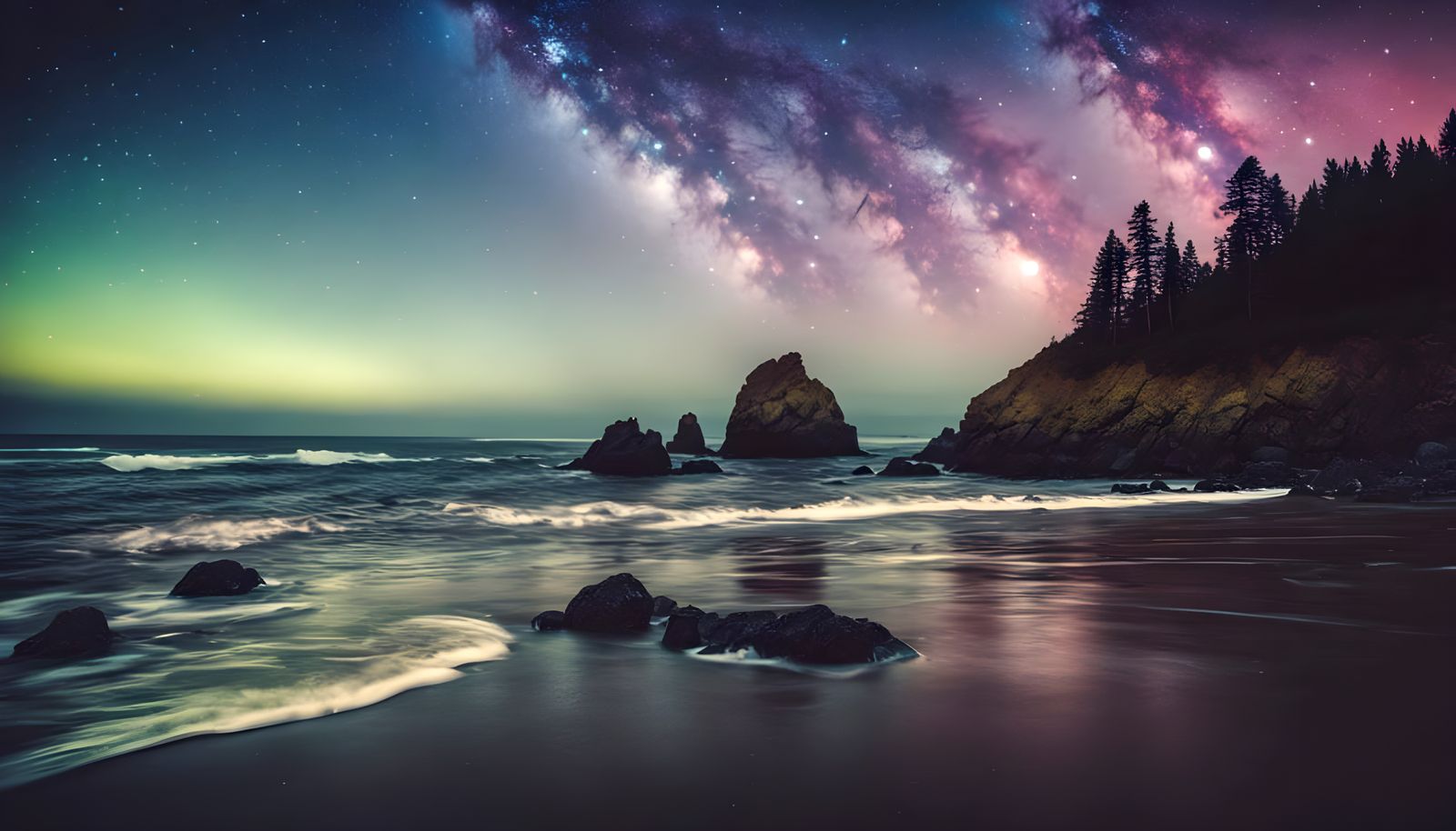 Surreal Coastal Panorama Under Starry Skies
