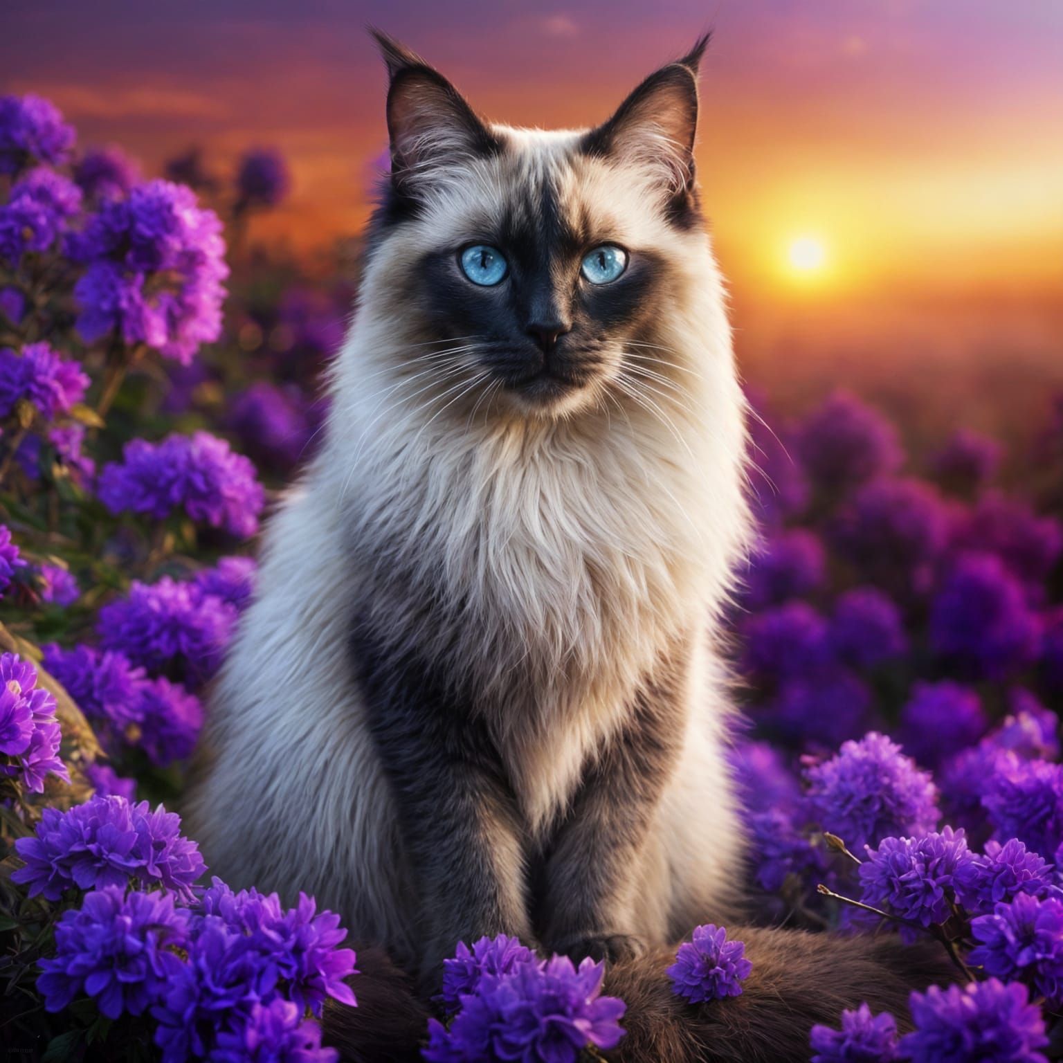 Majestic Siamese Cat Painting with Sunlight and Flowers