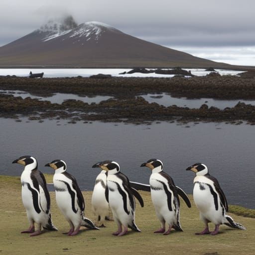 Magellanic penguins in the Falkland Islands, sheep in backgr...