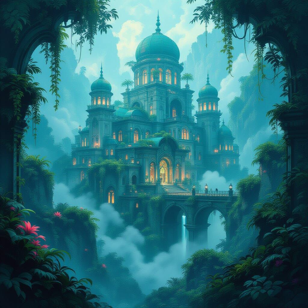 Ancient Art Nouveau City in Bioluminescent Jungle