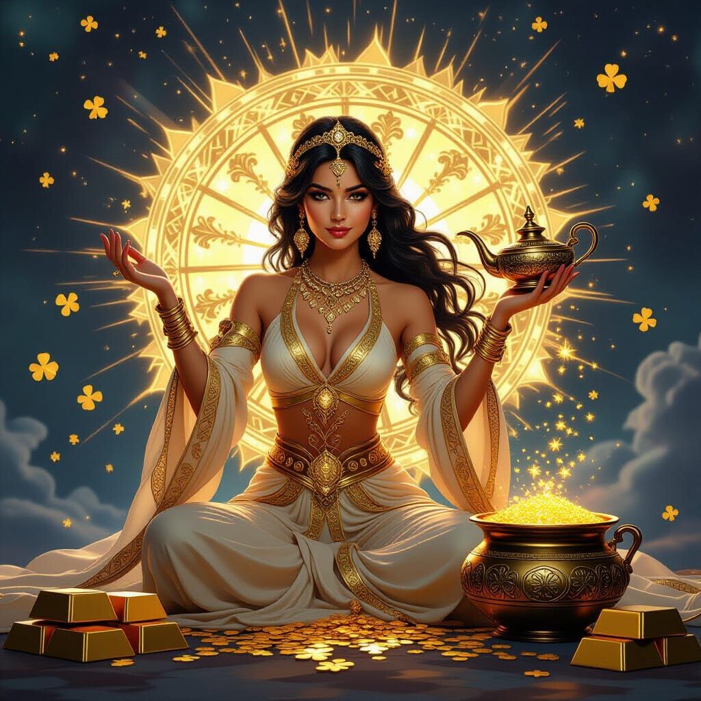 Goddess of Fortune with Magic Lamp and Wheel