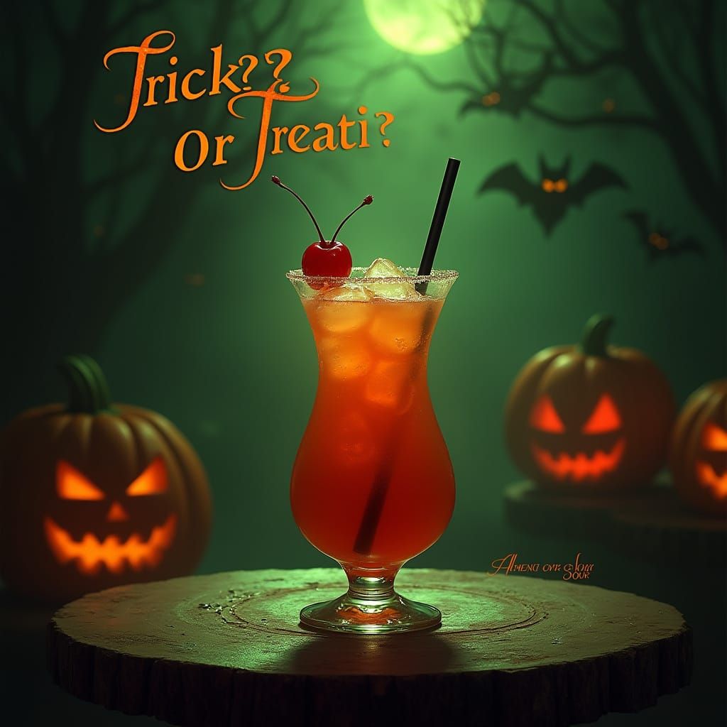 Halloween Amaretto Sour Cocktail With Spooky Background